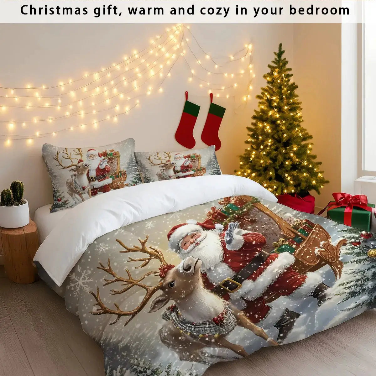 3pc Santa Claus printed bedding set in gray with reindeer, machine washable; includes duvet cover and two pillowcases