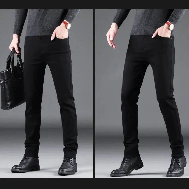 Men's black slim jeans shown in two views, straight-leg denim pants