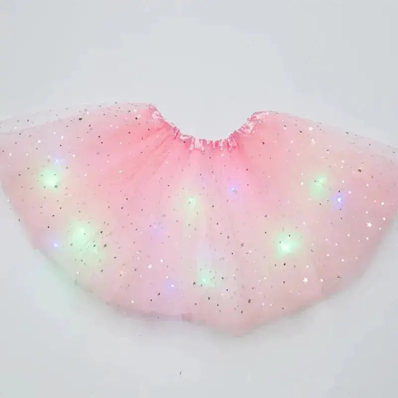 LED glowing pink tulle star skirt by Simples Market; short tutu with multicolor LEDs