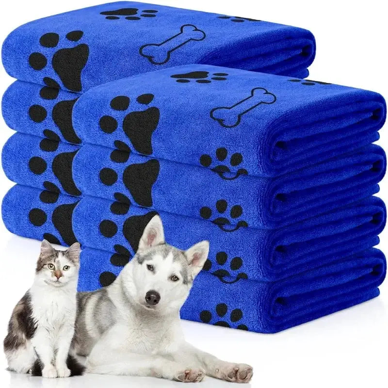 Dog towel set by Simples Market; blue microfiber quick-drying towels with paw prints and bone pattern, 6 pieces.