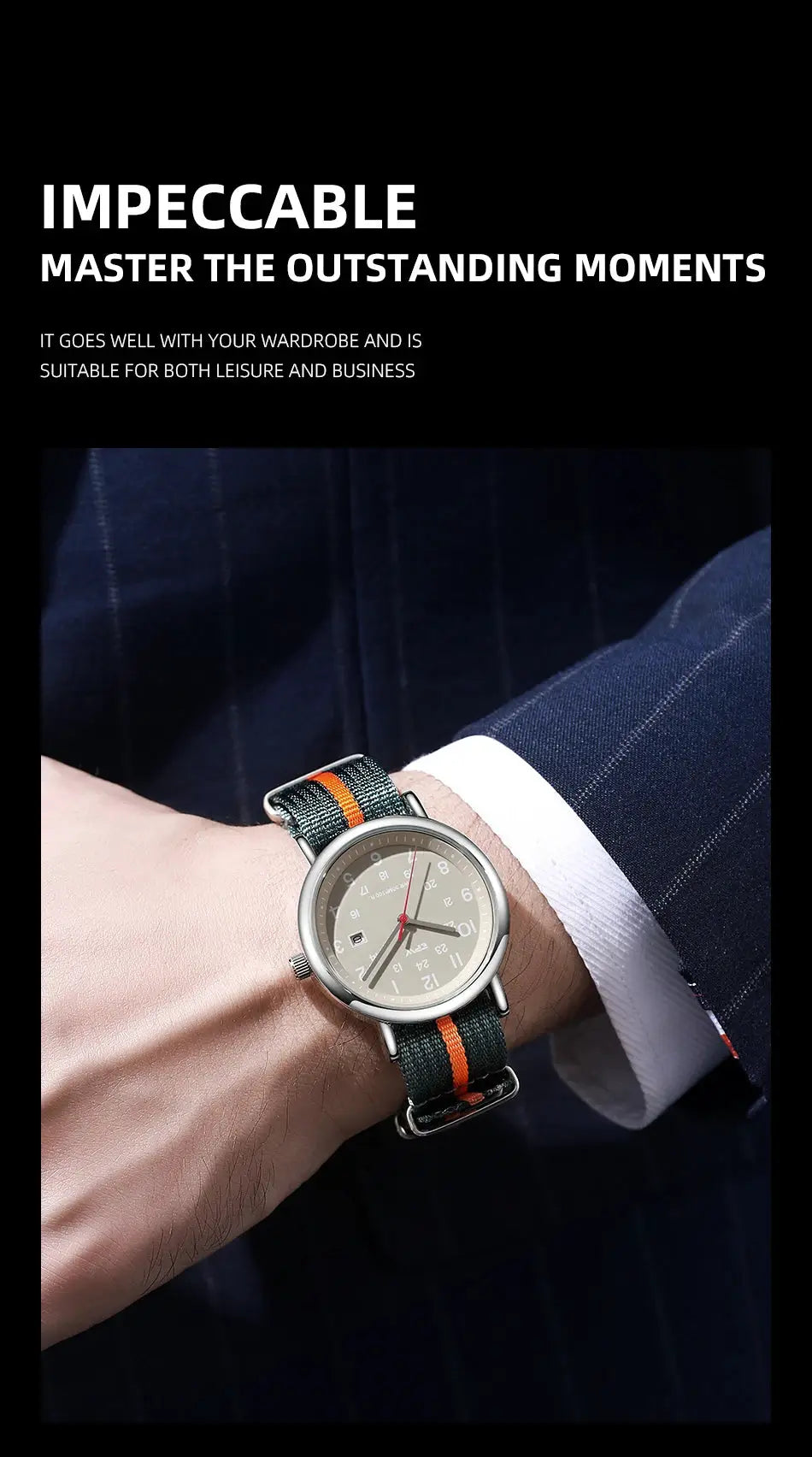 Field watch by Simples Market with green fabric strap and orange stripe, 24-hour display, quartz movement