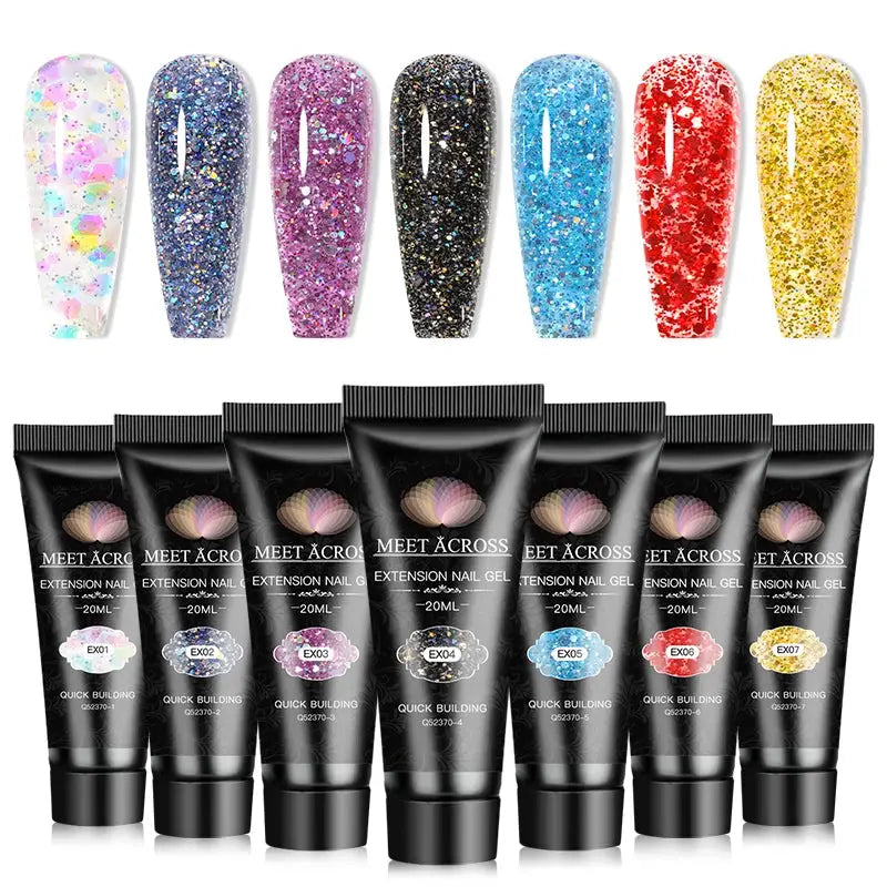 MEET ACROSS extension nail gel set by Simples Market; 8 glitter nail swatches and 10 x 20ml gel tubes