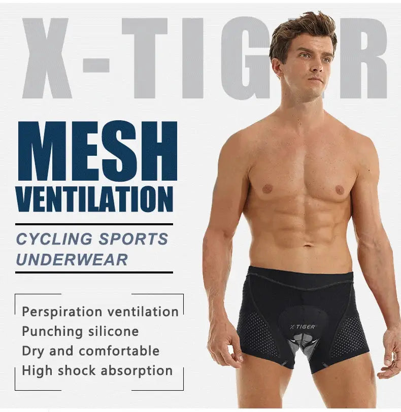 X-TIGER men's cycling underwear with 5D gel cushion, black mesh MTB boxer shorts