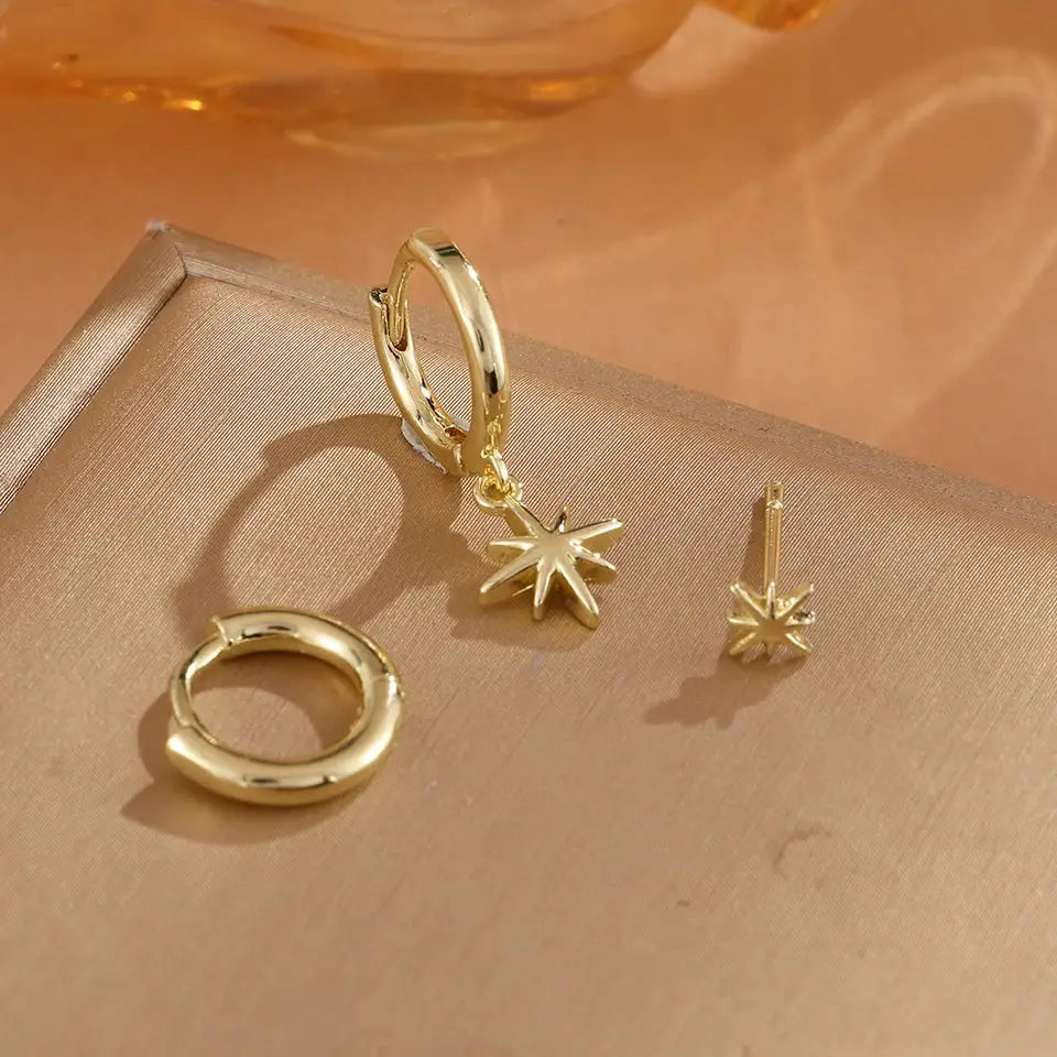 ZAKOL 3 Piece Fashion Round Star Drop Earrings Set Gold Color Dangle Earrings Punk Unisex Rock Jewelry