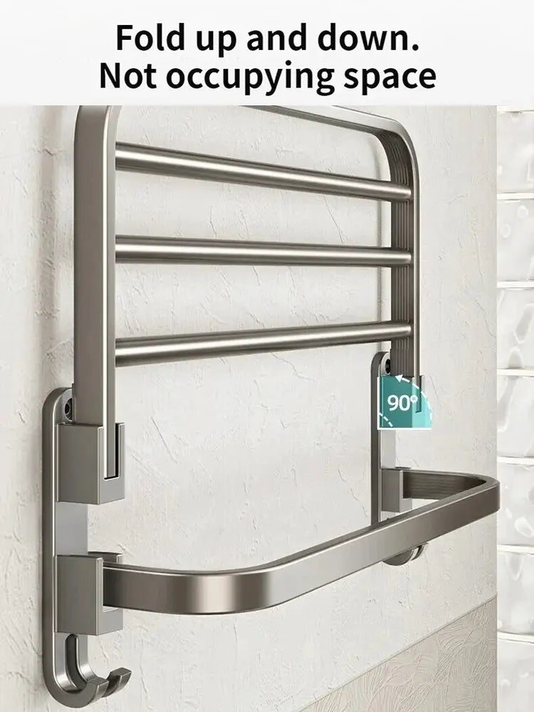 Folding towel rack in grey/black aluminum with hook, 50–60 cm wall-mounted