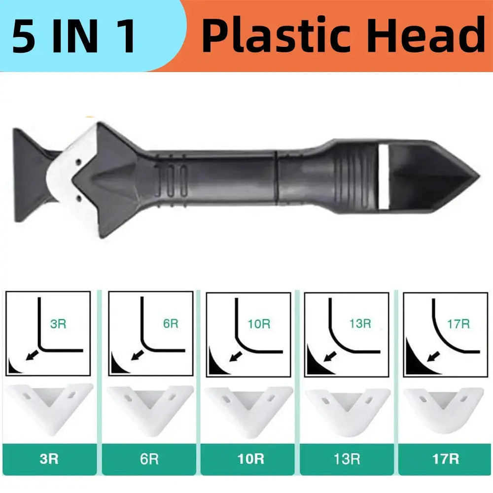 Simples Market 9-in-1 silicone scraper and sealant remover tool with black handle and five white corner finishing heads.