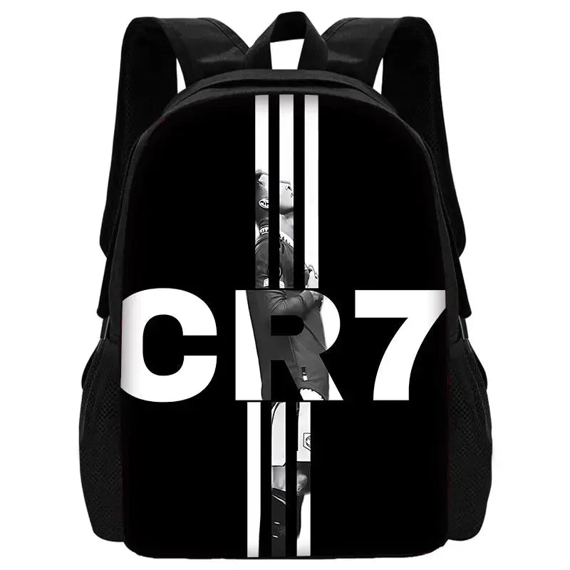 Kids' black CR7 Ronaldo school backpack by Simples Market with bold white lettering