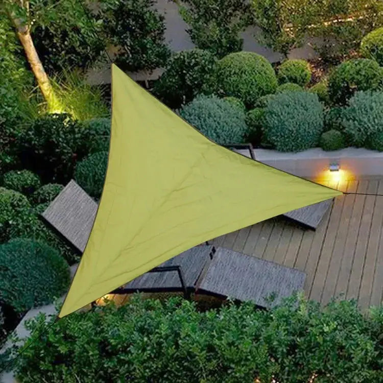 Yellow 3x3x3m folding waterproof triangle sun shade sail canopy over wooden deck with lounge chairs