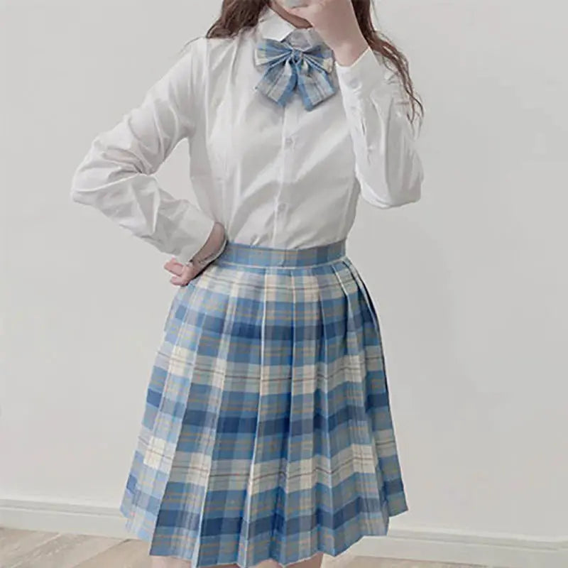 ZOKI plaid pleated skirt with bow knot, blue plaid, high-waist A-line for women