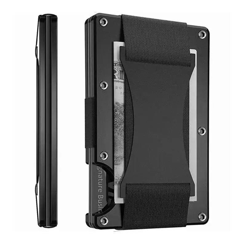 Black mini slim forged carbon fiber wallet with elastic strap card holder for men
