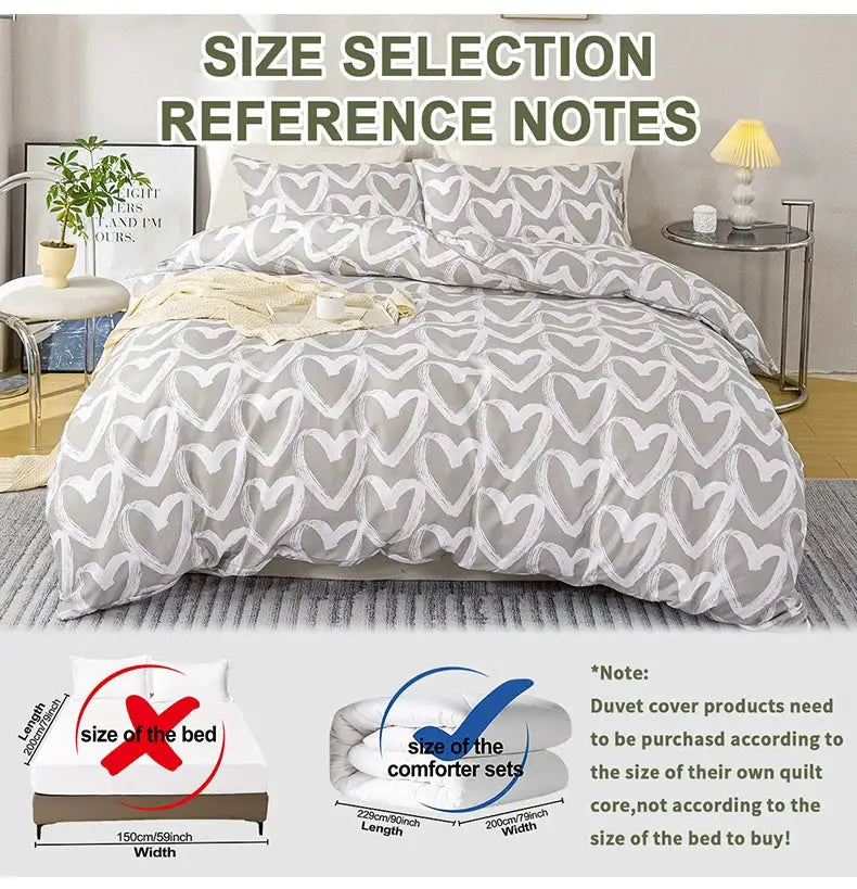 Simples Market 3-piece heart-print duvet cover set in blue and gray; includes 1 duvet cover + 2 pillowcases