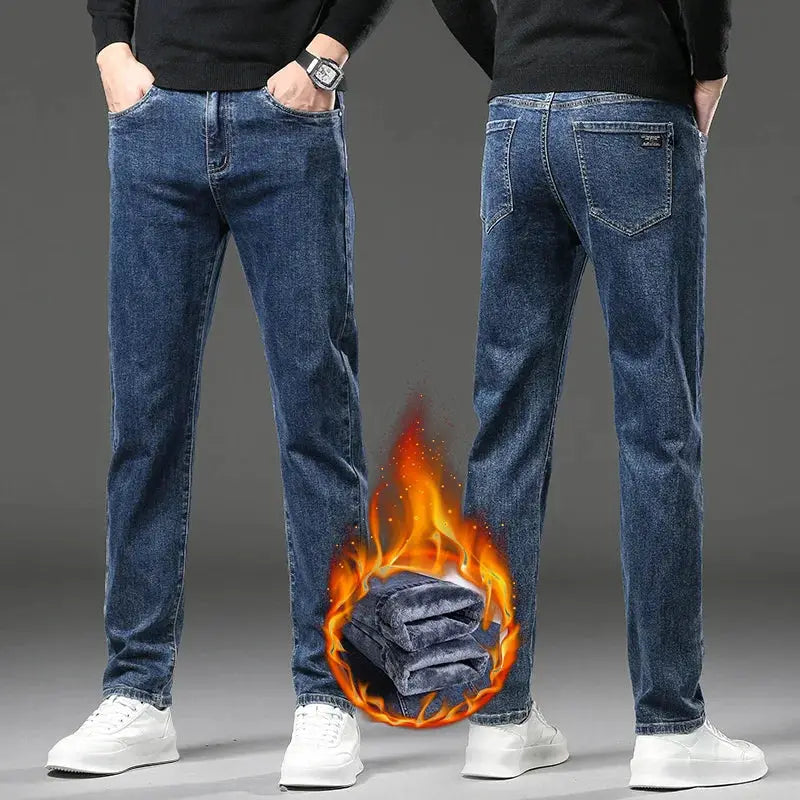 Men's blue fleece-lined denim jeans, slim straight fit, warm plush trousers; front and back views