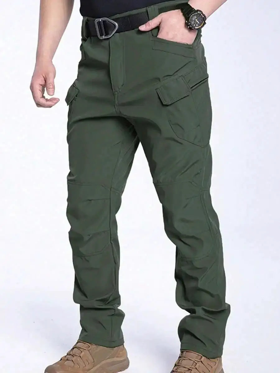 Men's cargo pants by Simples Market in olive green with multiple pockets and belt
