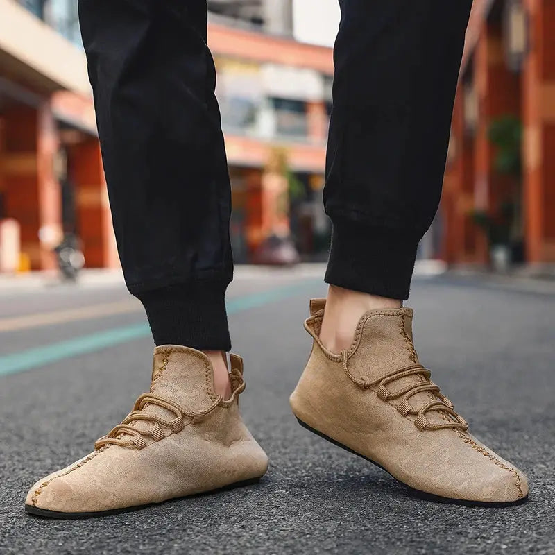 Tan suede driving moccasin loafers for men with lace-up detail