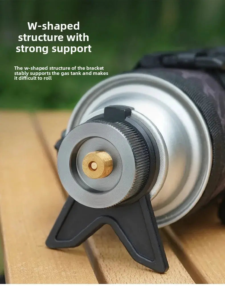Butane adapter with bracket by Simples Market; gray metal regulator with brass nozzle and black support.
