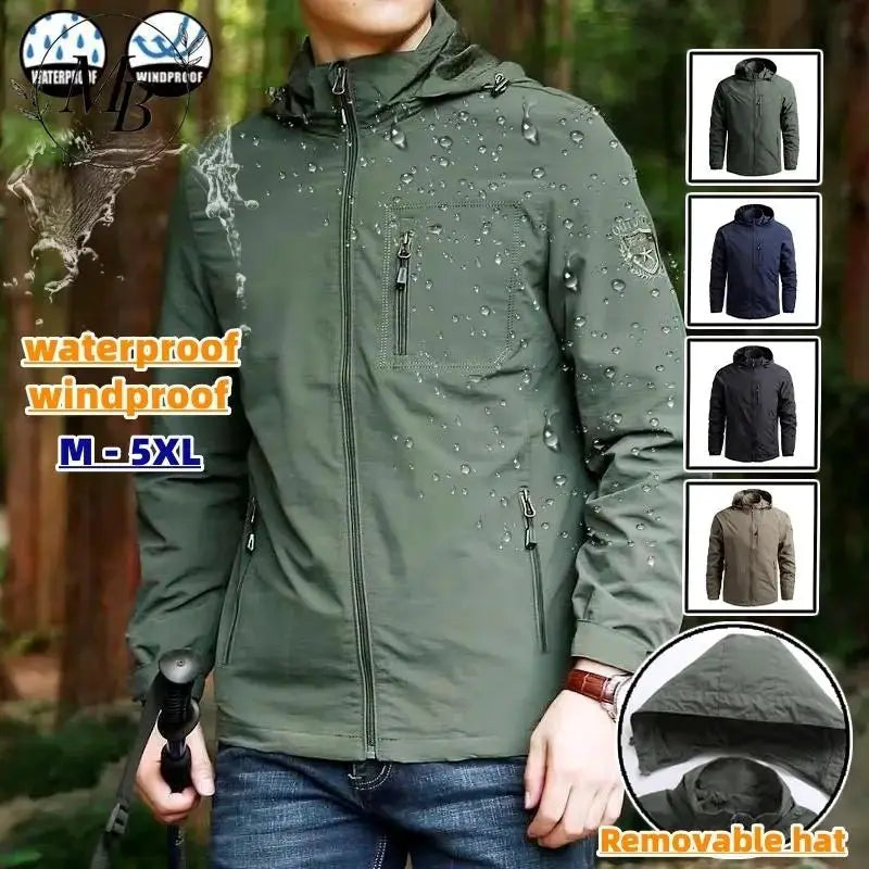 Simples Market men's waterproof windproof jacket in green with removable hood, sizes M-5XL; 4 color variants.