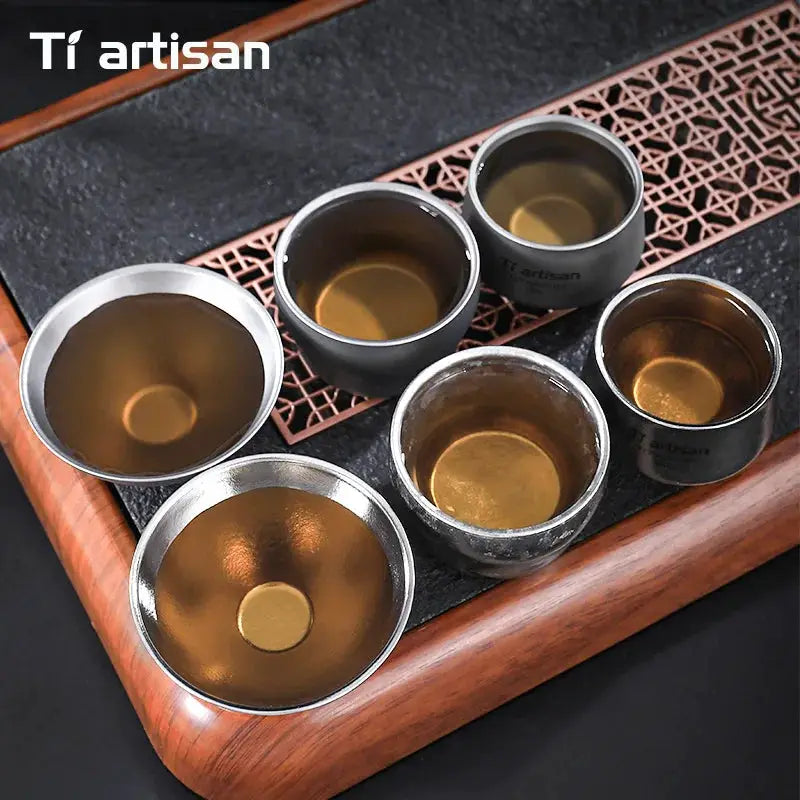 Tiartisan titanium 80ml double-layer gourd teacups set of 6 for camping