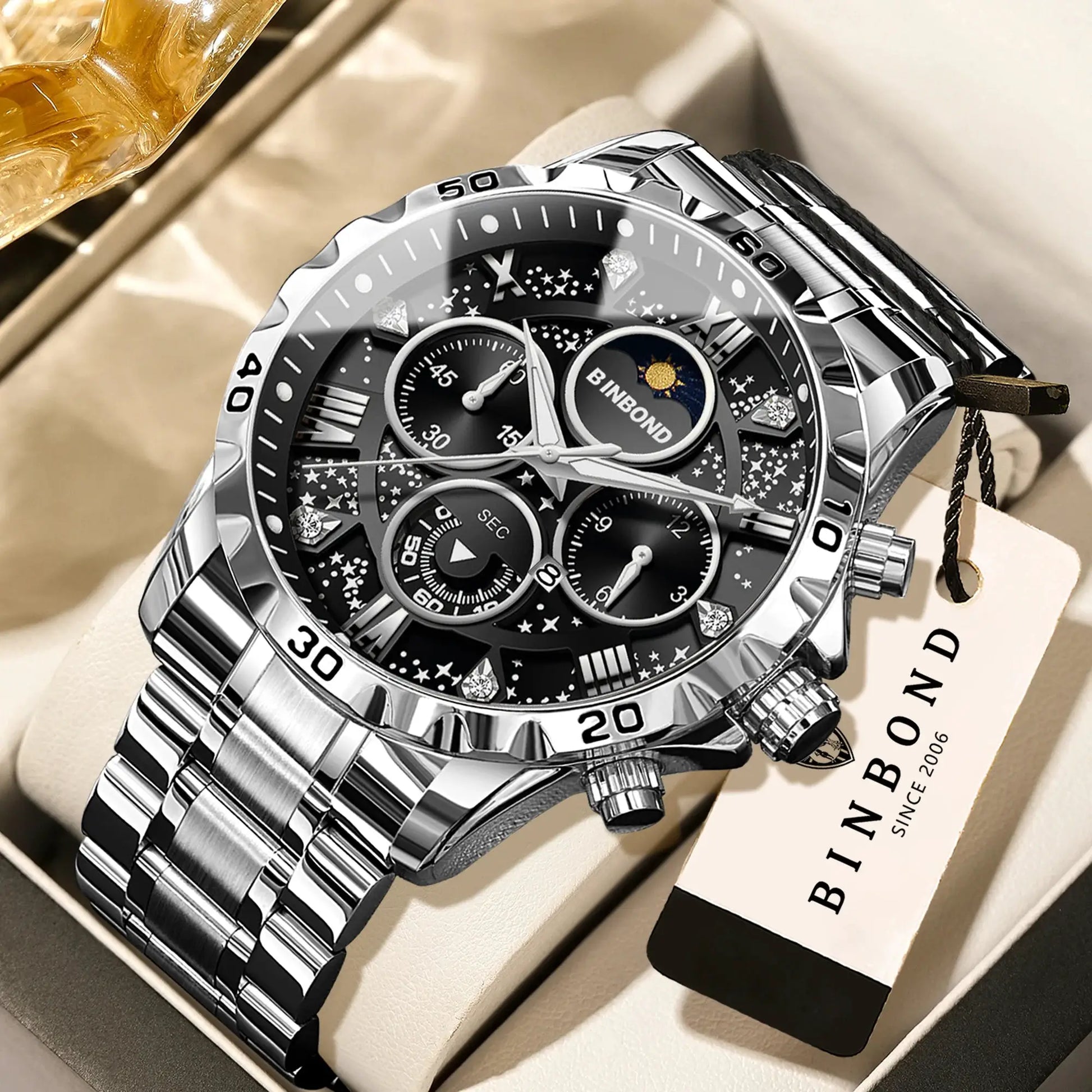 BINBOND men's luxury stainless steel chronograph watch with black dial and luminous hands