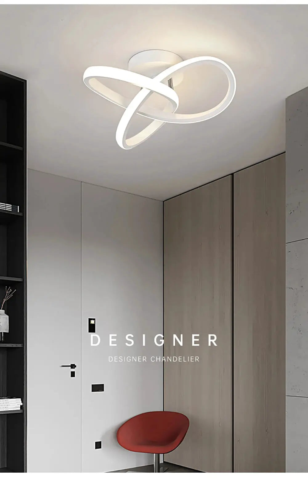 Modern LED ceiling light chandelier with intertwined rings, white finish, ceiling-mounted fixture.
