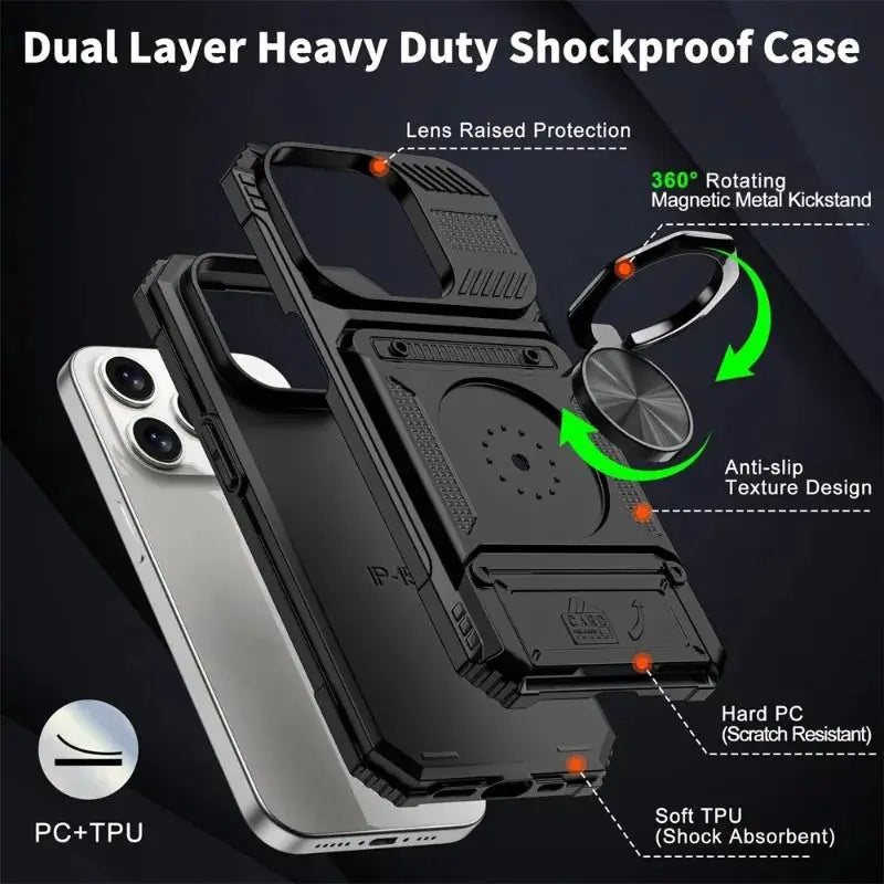 ShieldTech Pro Wallet Case For iPhone 7 To 16 Pro Max Magnetic Ring Kickstand And Card Slots Heavy Duty Drop Guard