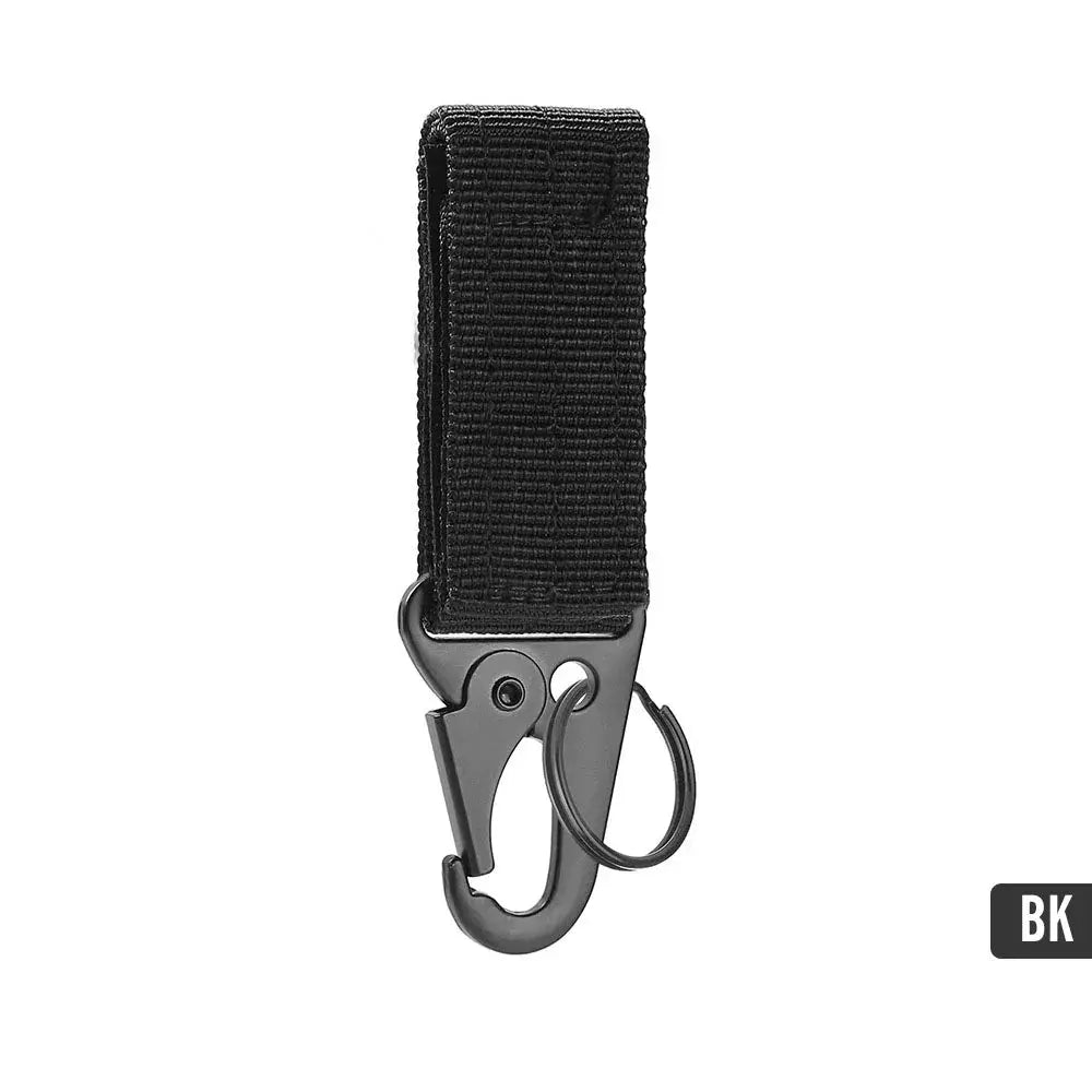 Carabiner-style key hook with black nylon strap, metal clip and key ring for MOLLE webbing.