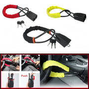 Steering wheel lock by Simples Market, red and yellow fabric-sleeved steel cable device with universal fit.
