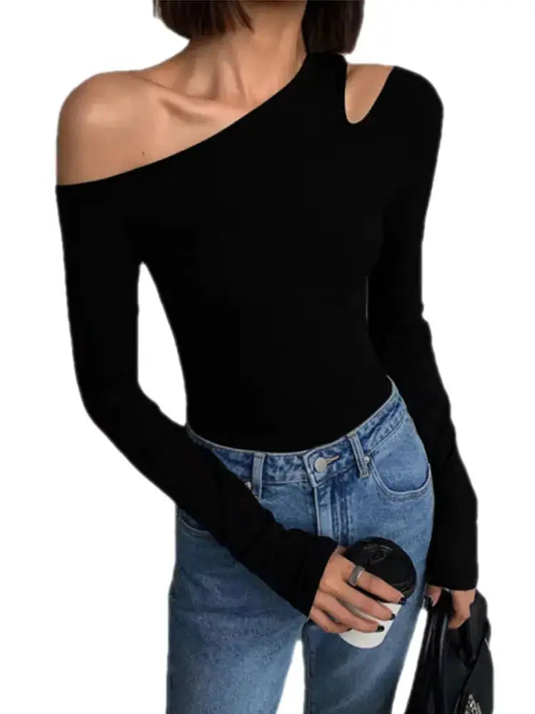 Skew Collar Off Shoulder Long Sleeve Crop Top Women Spring Solid Slim Fit Hollow Out Tee Shirt