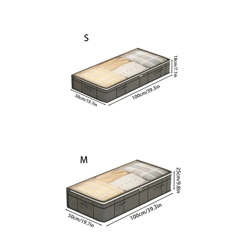 Simples Market under-bed clothes storage bag, foldable with transparent lid; two sizes shown (50x100x18/25 cm).