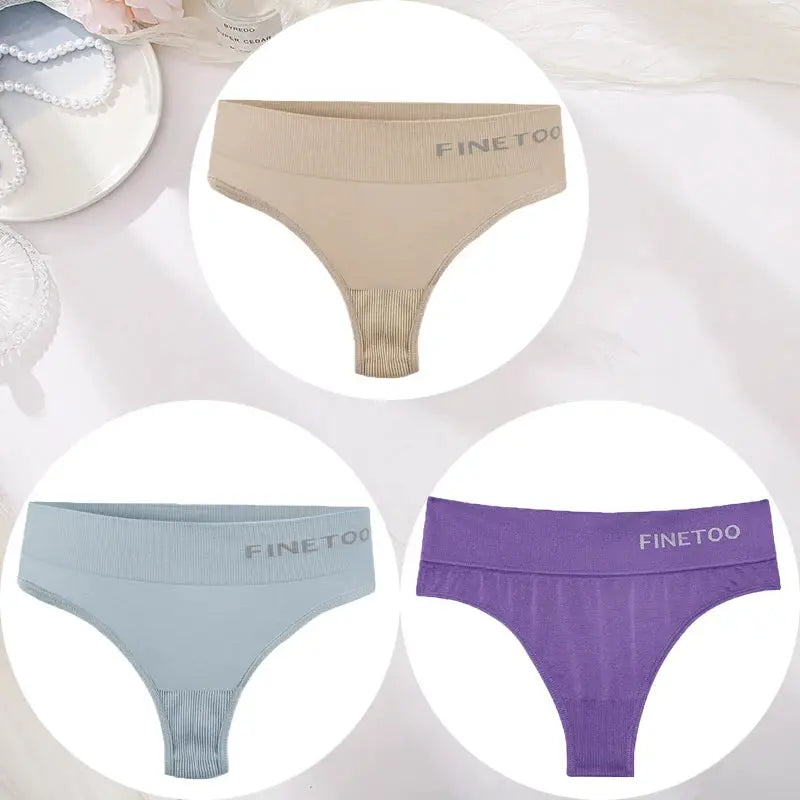 3-pack FINETOO women's seamless high-waist thong panties in beige, light blue, and purple (sizes M–2XL)