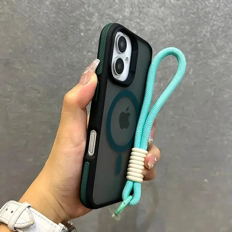 Simples Market MagSafe case with turquoise wrist strap for iPhone 16/15/14/17 Pro Max, matte magnetic shockproof cover