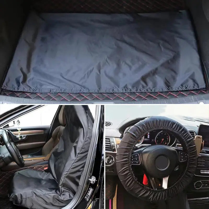 Black 3-piece car protective cover set: seat cover, steering wheel cover, and cargo mat