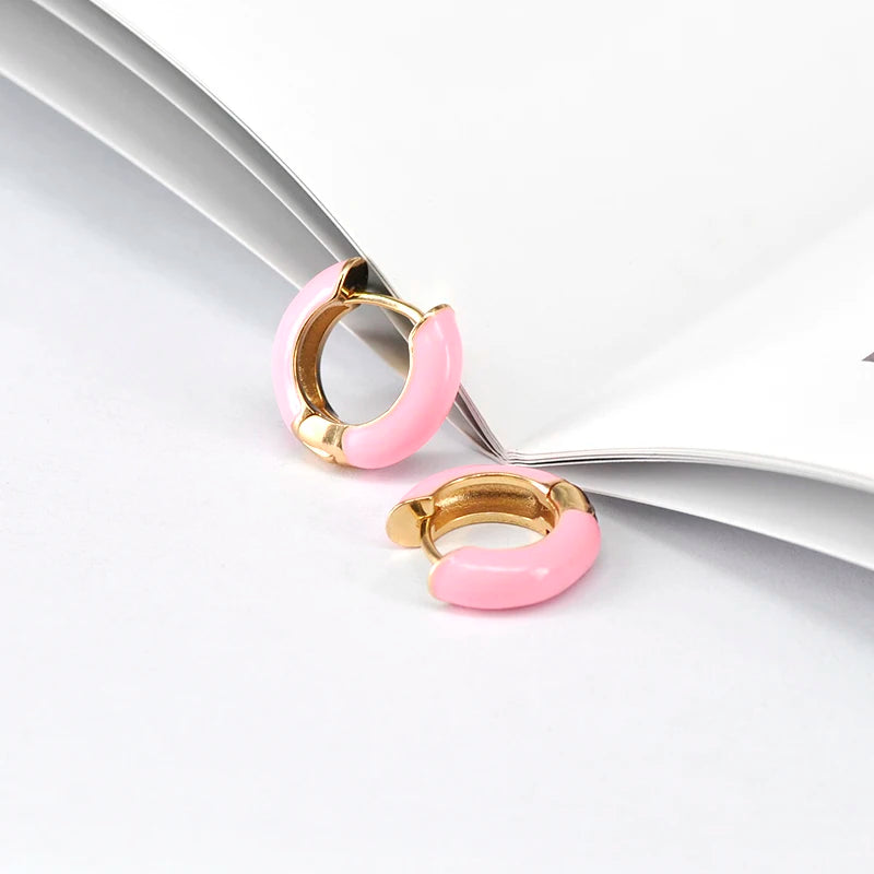 Pink enamel hoop earrings, 925 sterling silver with gold-tone accents, Simples Market