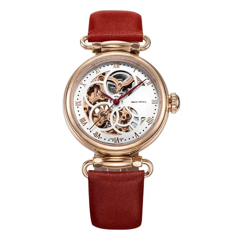 Seagull women's skeleton automatic watch with rose-gold case and red leather strap