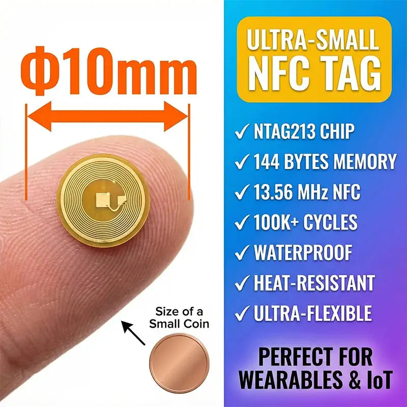 NTAG213 NFC tag by Simples Market, 10mm diameter, gold-tone ultra-small passive RFID card