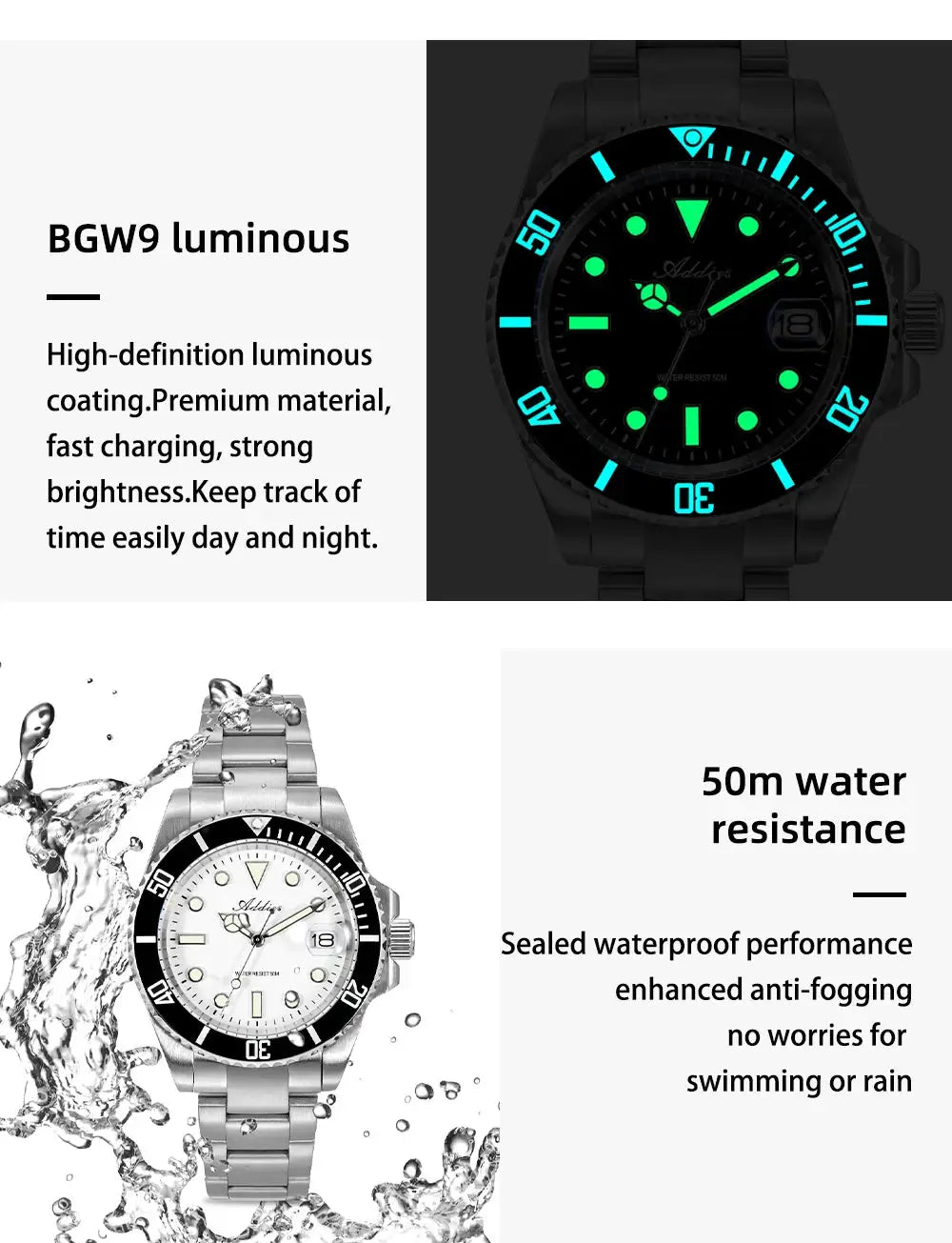 Addies luminous women's watches set: black glow-bezel model and silver stainless steel watch, 50m water resistance.
