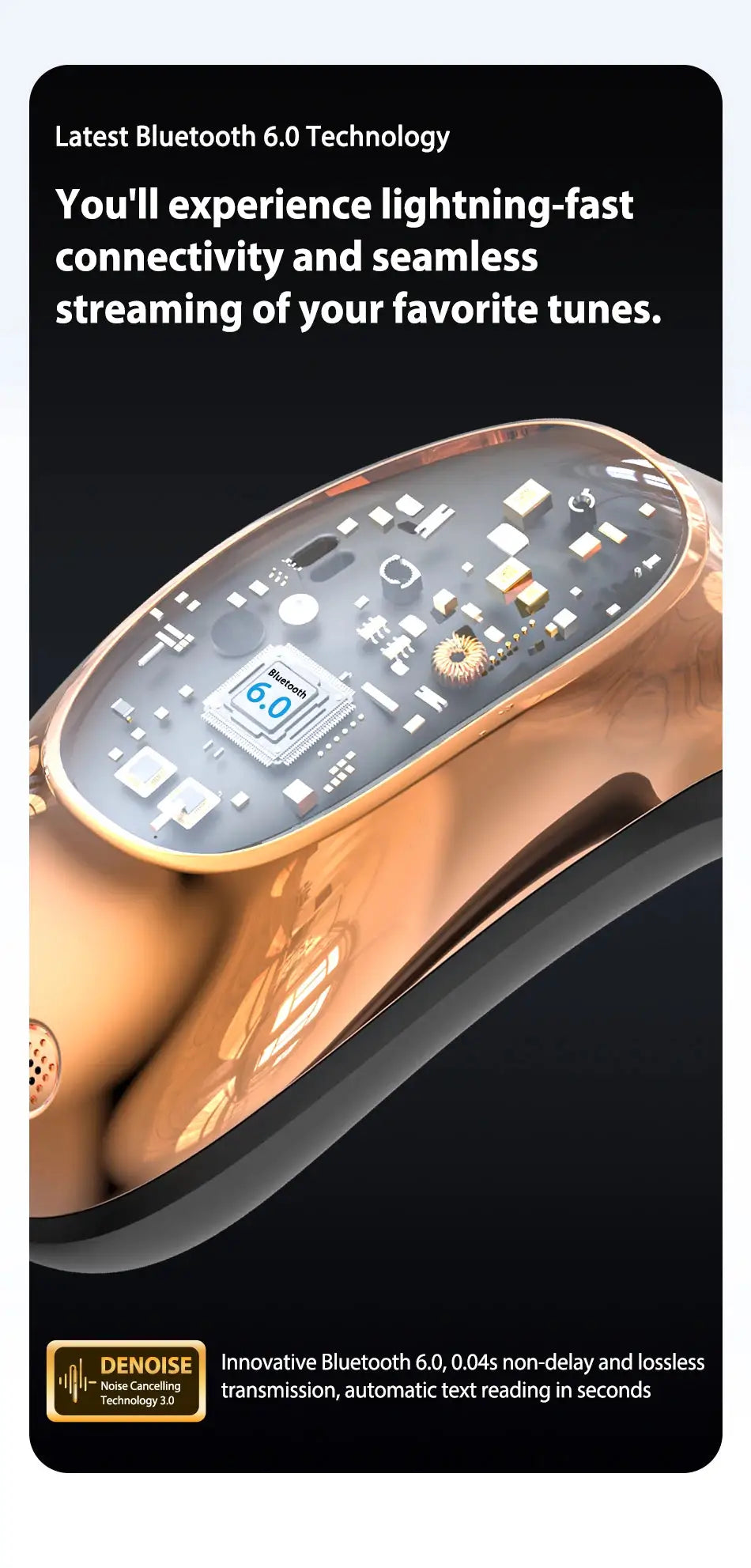 HTC NE35 Bluetooth earphones in gold, featuring Bluetooth 6.0 chip and denoise badge (Simples Market).