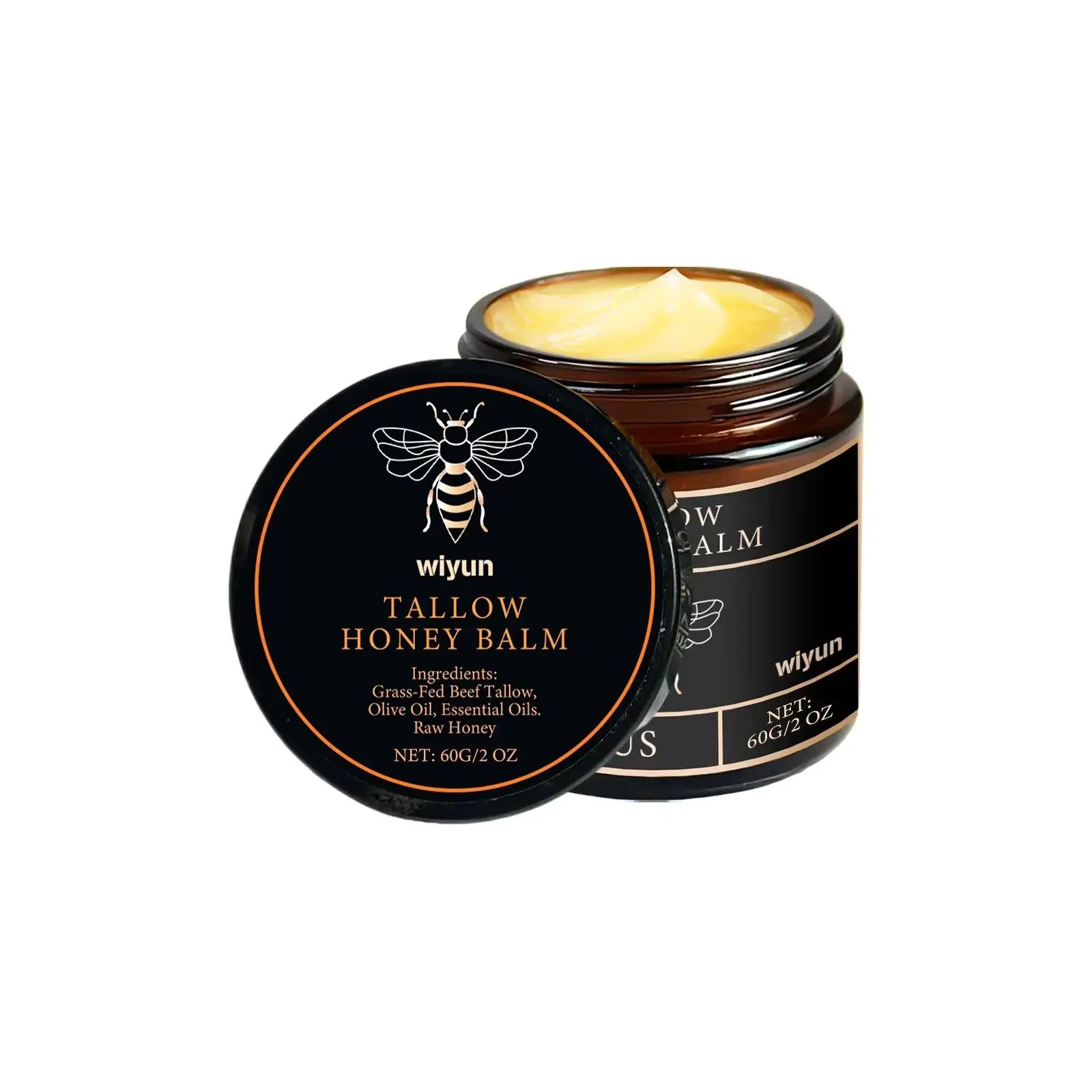 Tallow Honey Balm jar by Simples Market; black label with bee logo, moisturizing balm for face and body