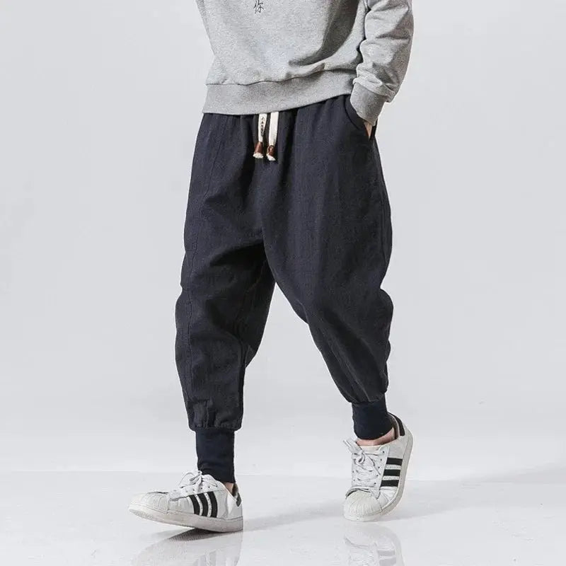 Men's cotton-linen harem pants with drop-crotch, navy baggy joggers with cuffed ankles