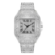 Silver-toned unisex watch with rhinestone-studded square case and bracelet, Roman numeral dial.