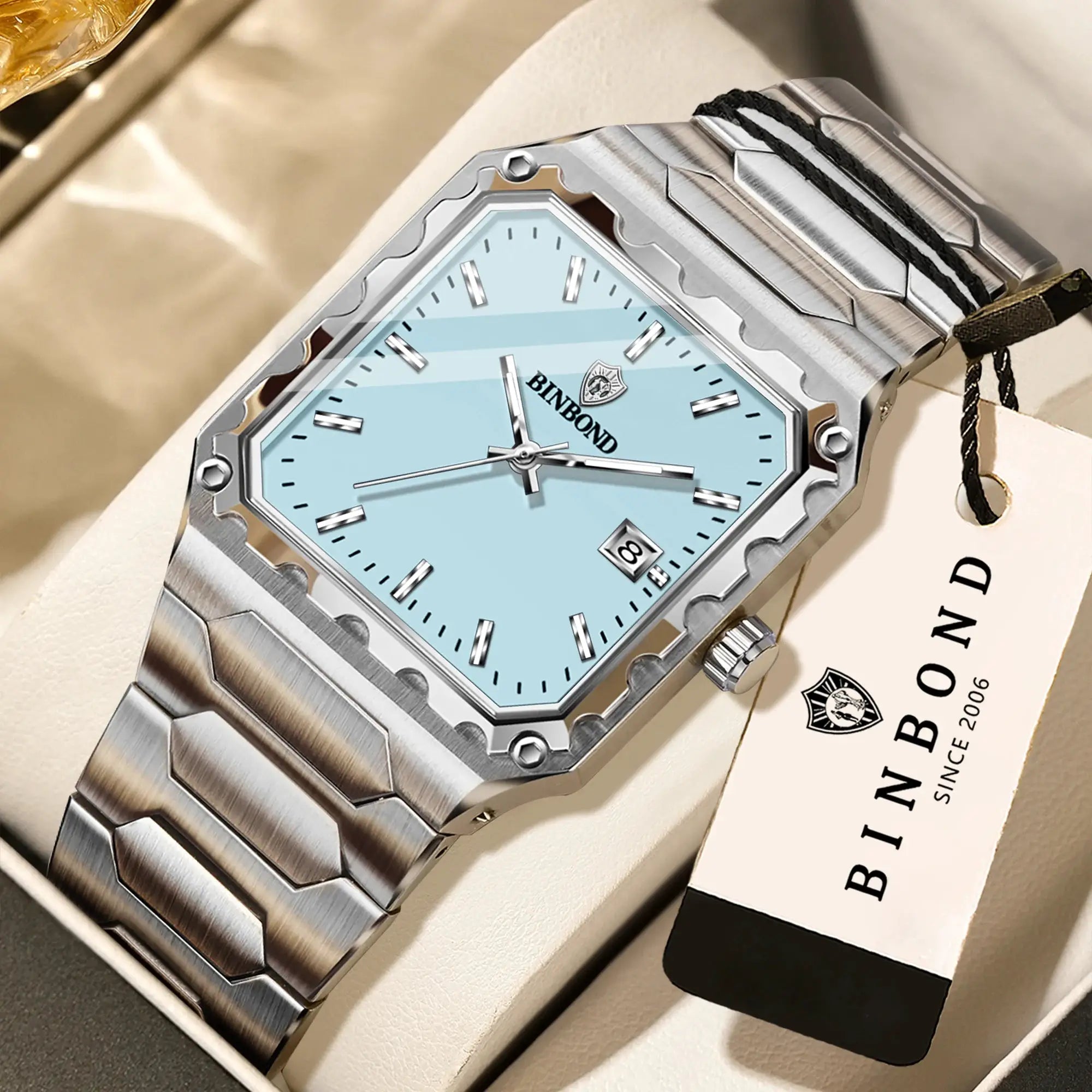 BINBOND men's stainless steel wristwatch with light blue dial and date window