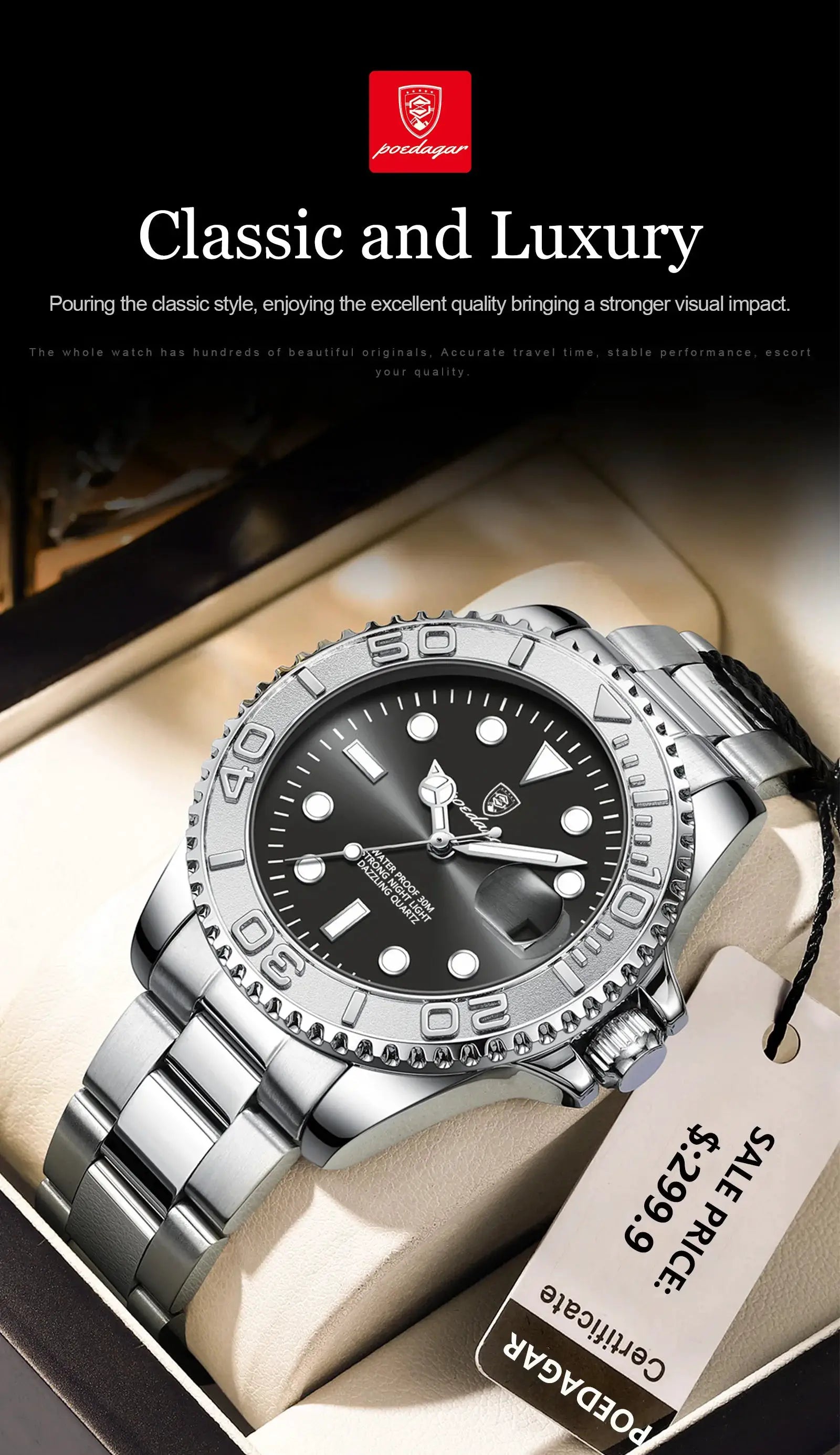 POEDAGAR stainless steel men's luxury watch with black dial, luminous markers, date, waterproof.