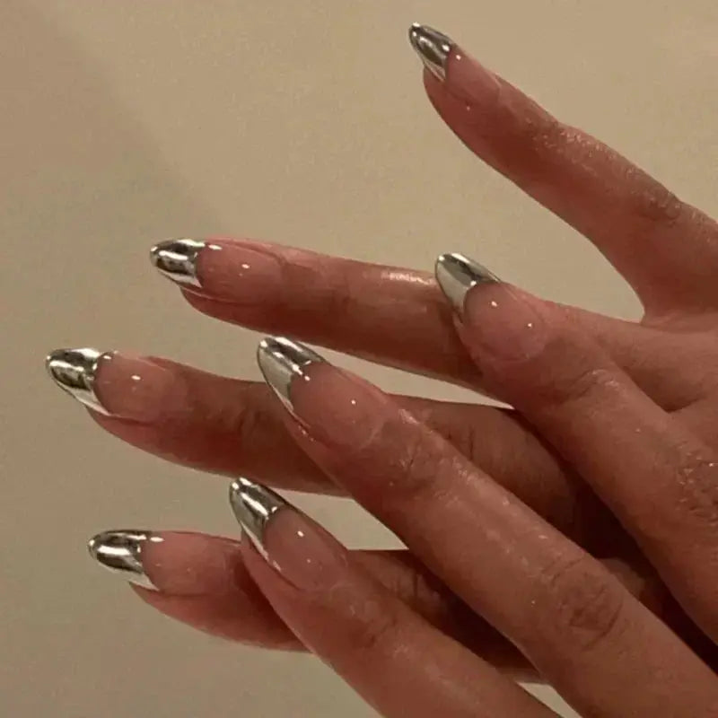 Glamora French Almond False Nails 24 Piece Press On Stiletto Tips With White Edge Design Glue Included For Wearable Glam