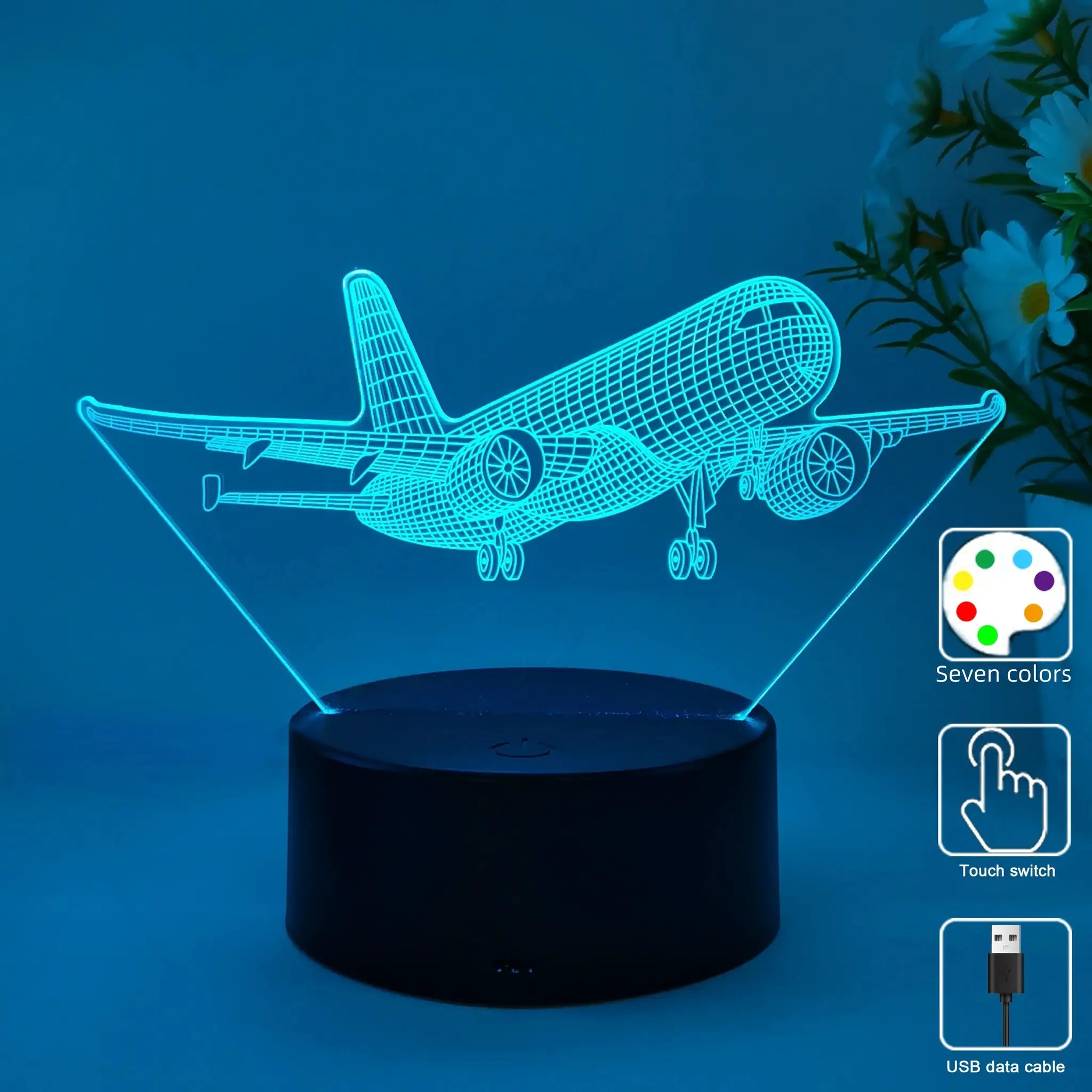Aircraft model 3D night light in blue, USB-powered table lamp for aviation lovers by Simples Market