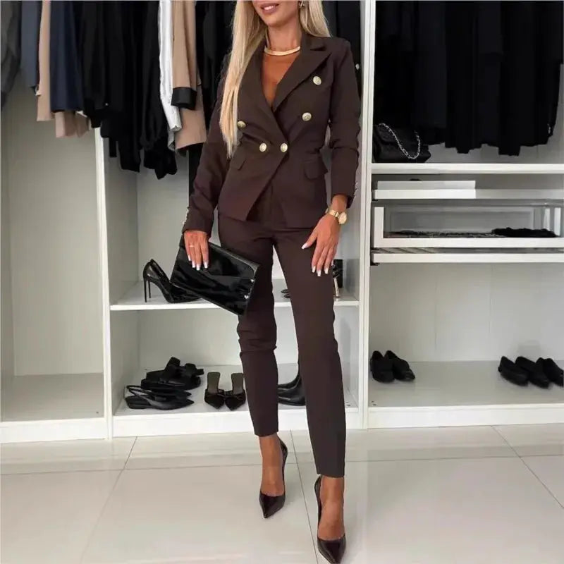 Simples Market office 2-piece women's brown suit set with blazer and trousers, gold button details