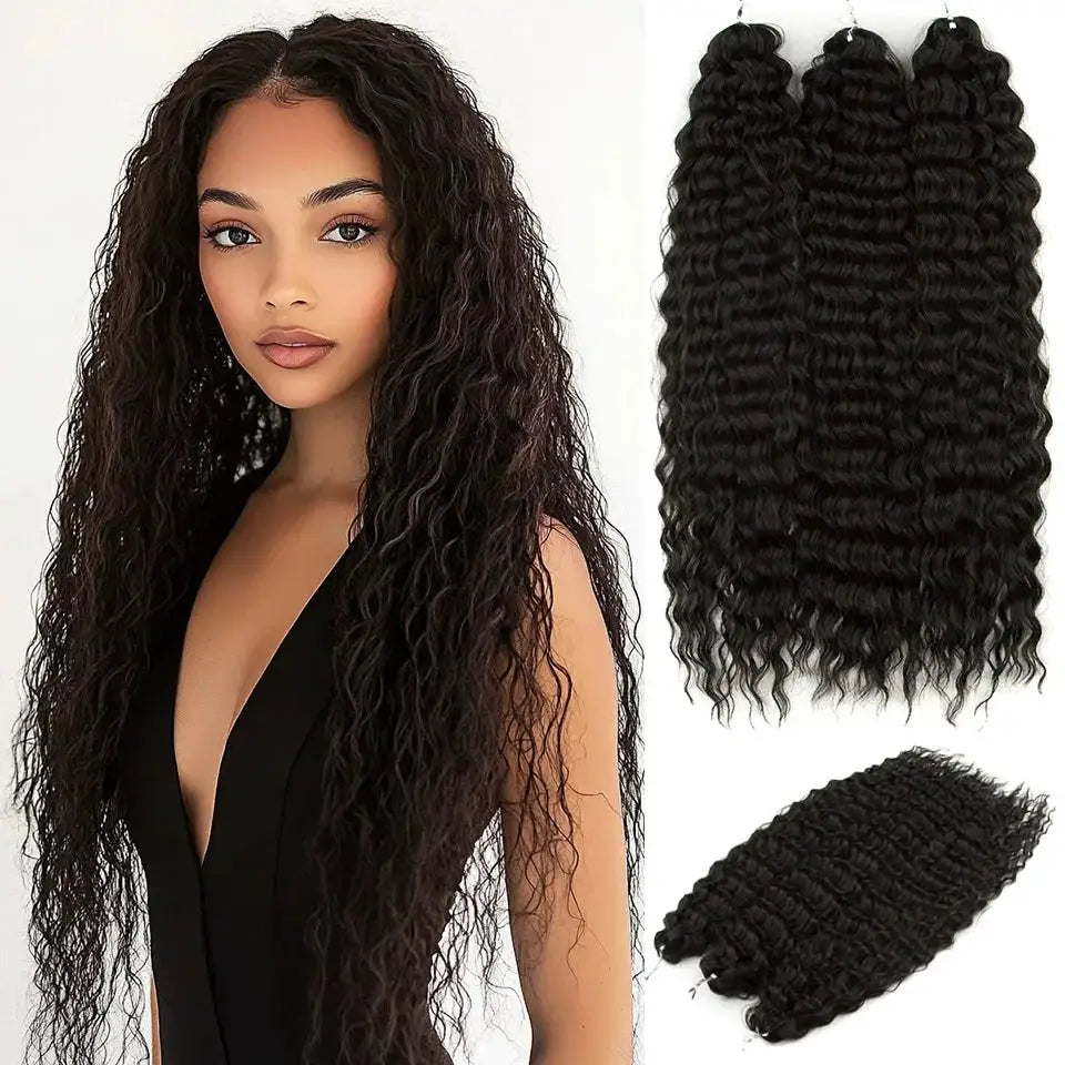 Ariel Synthetic Twist Crochet Hair 22in water-wave extensions; three black bundles shown