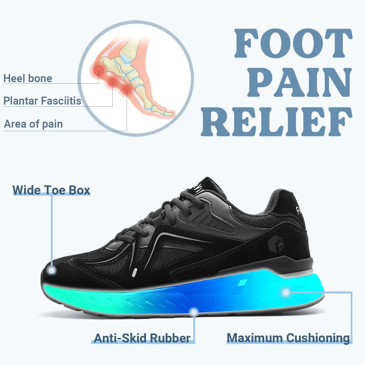 Fittington men's extra-wide walking shoes by Simples Market, black sneakers with blue cushioned anti-slip sole