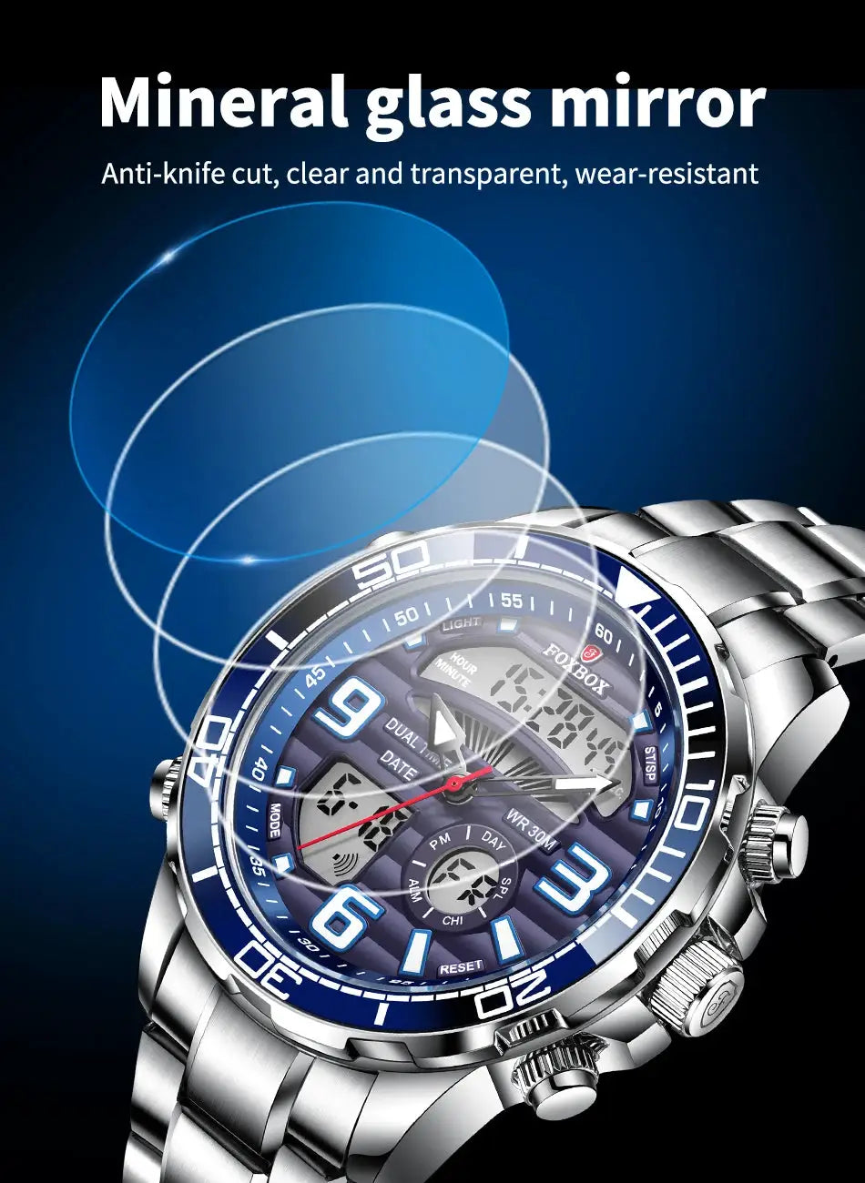 FOXBOX military men's sport watch, blue dial, stainless steel band, boxed