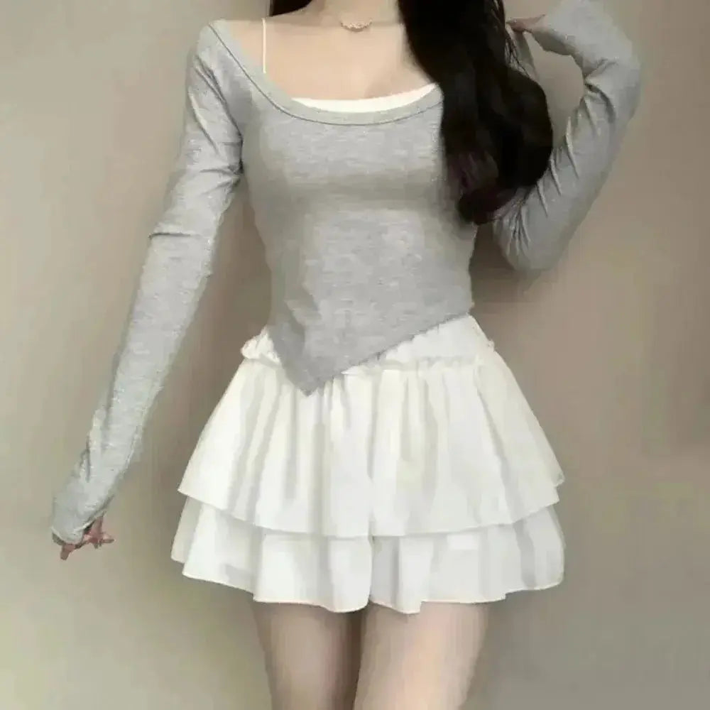 Simples Market Summer Kawaii mini A-line skirt with layered white ruffles, high waist