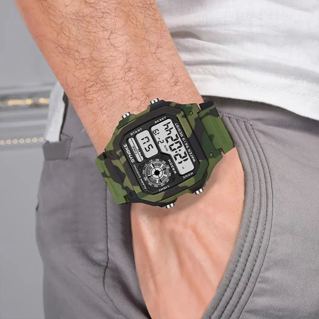 SYNOKE outdoor military digital watch for men in camouflage green, rugged waterproof with luminous display.