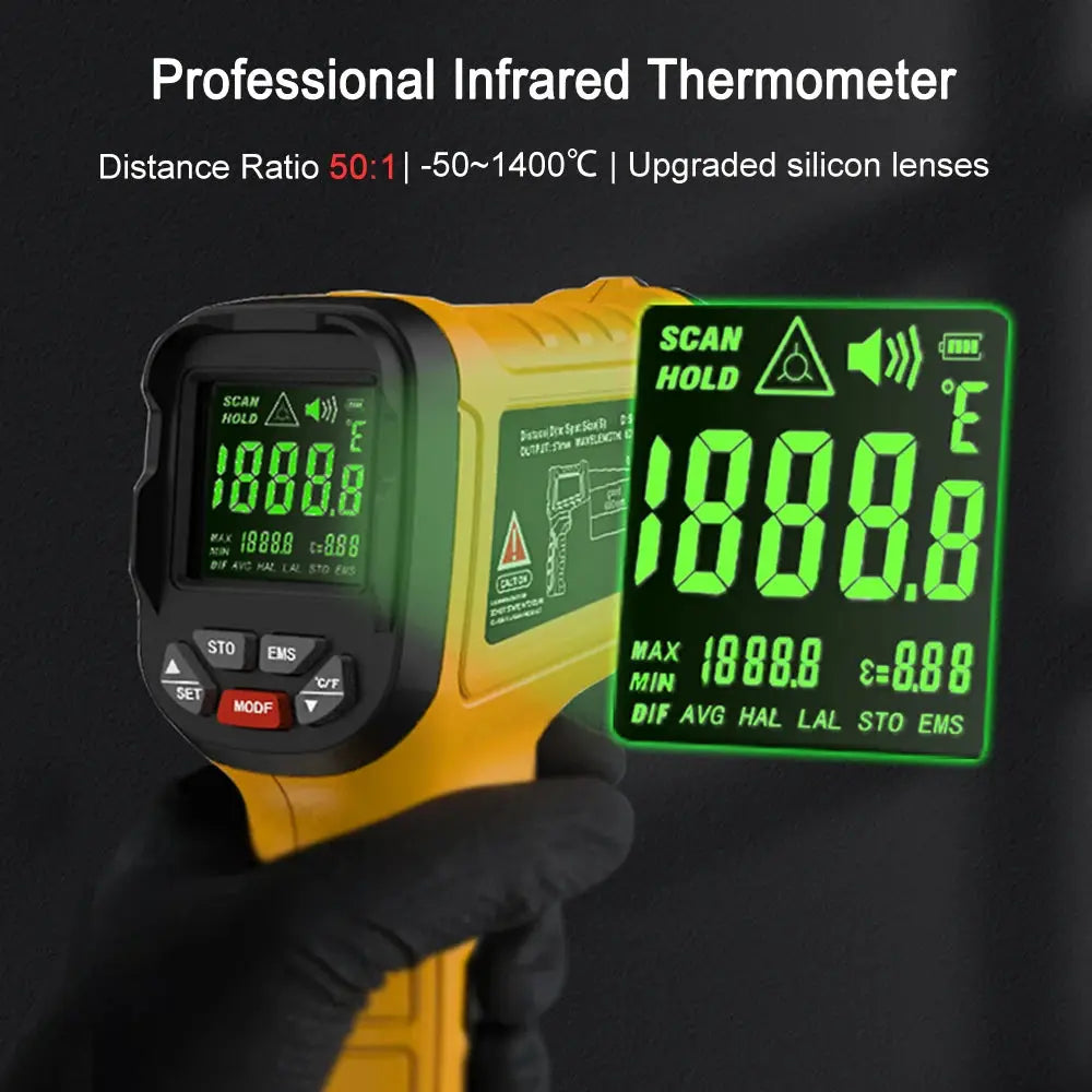 BSIDE infrared thermometer handheld, yellow plastic with non-contact laser and digital LCD display
